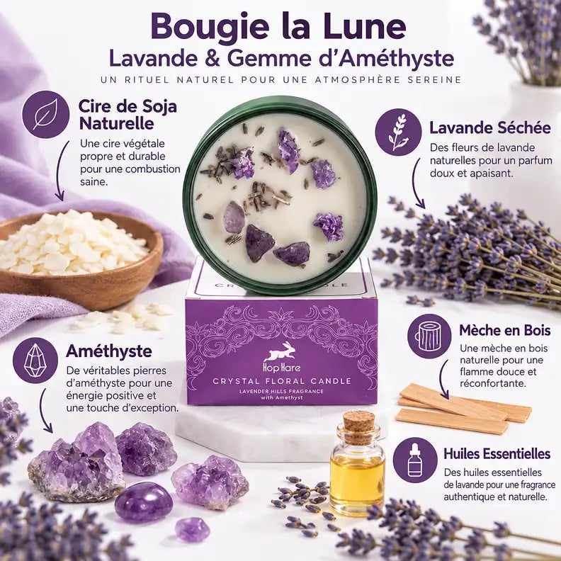 Bougie Lavande Améthyste Hop Hare avec ingrédients naturels: cire soja, cristaux, mèche bois