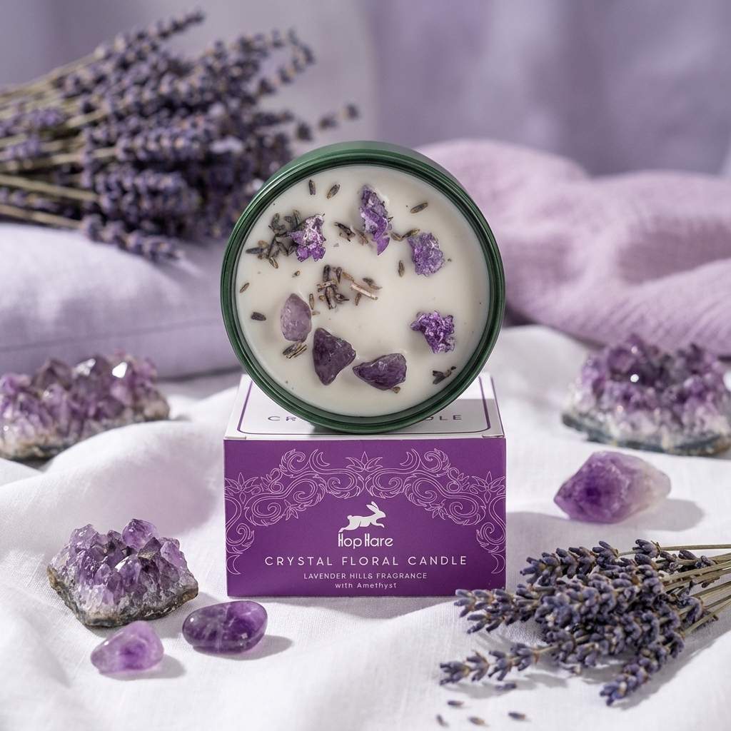 Bougie lavande Hope Hare avec cristaux d'améthyste sur autel wellness avec pierres et linges blancs
