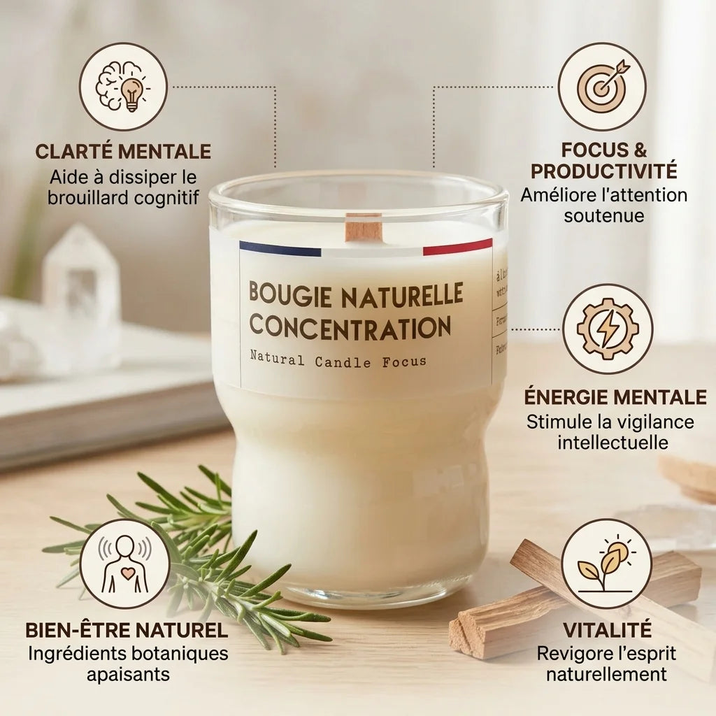 Bougie Naturelle Concentration 110g avec bénéfices : clarté mentale, focus, énergie et bien-être naturel