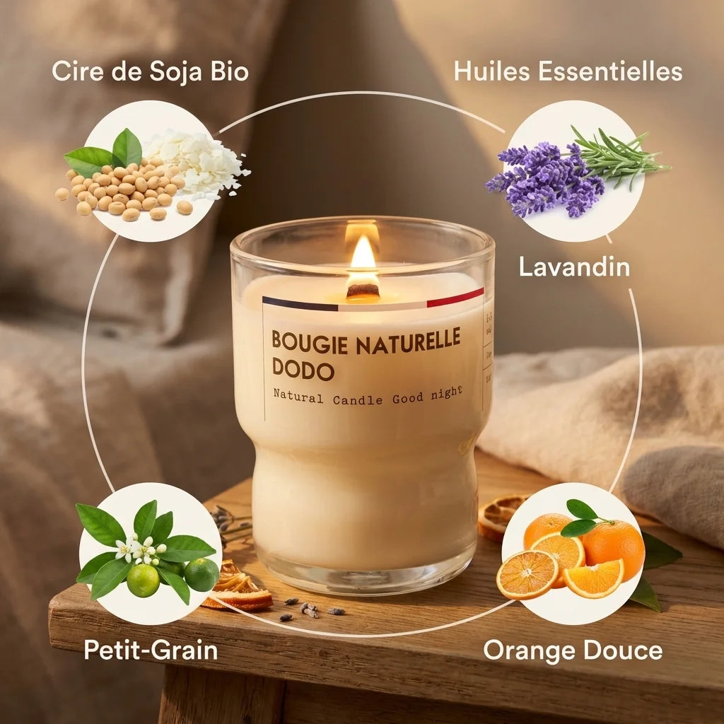 Bougie naturelle Dodo 110g avec ingrédients bio : cire de soja, lavande et orange douce