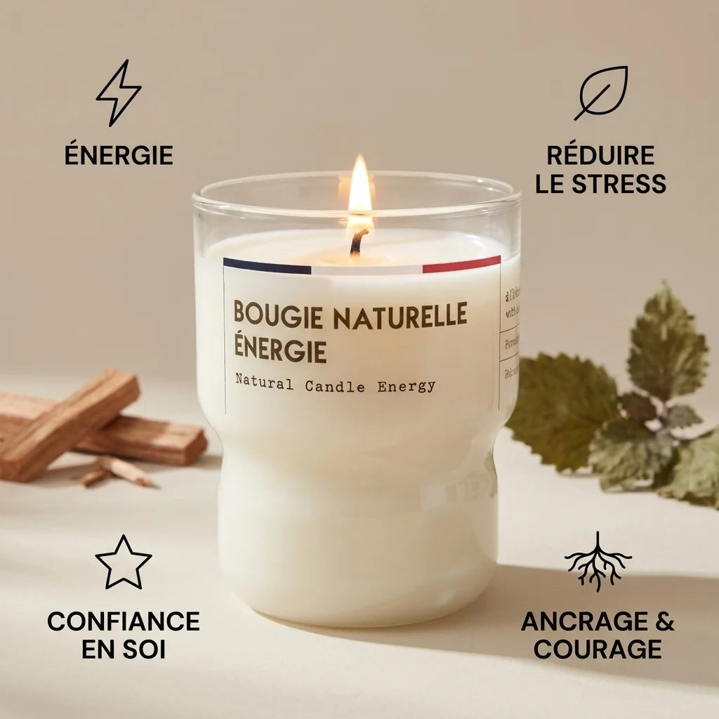 Bougie Naturelle Énergie 110g Jolis Baume avec bénéfices bien-être illustrés
