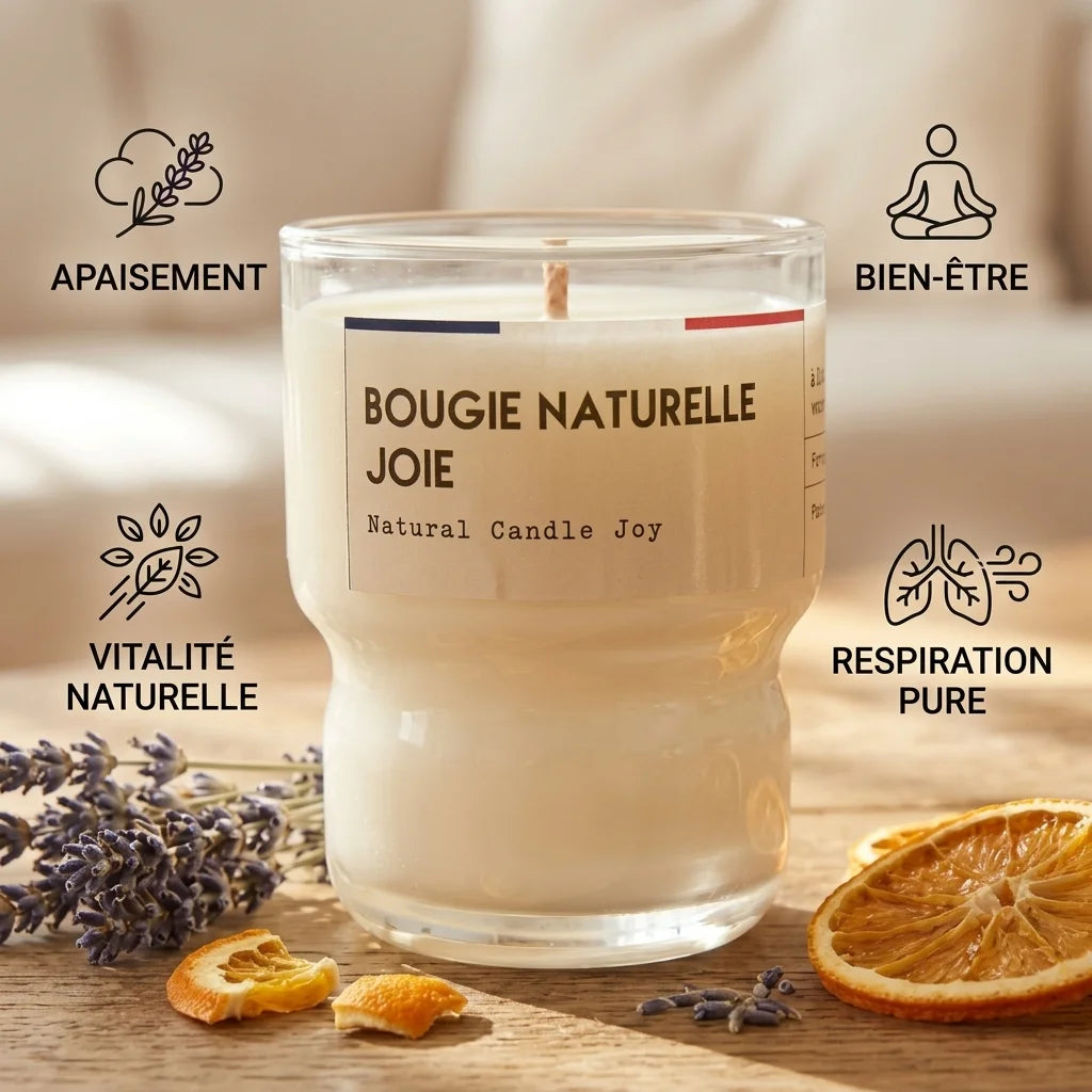Bougie Naturelle Joie 110g avec bénéfices apaisement, bien-être et respiration pure