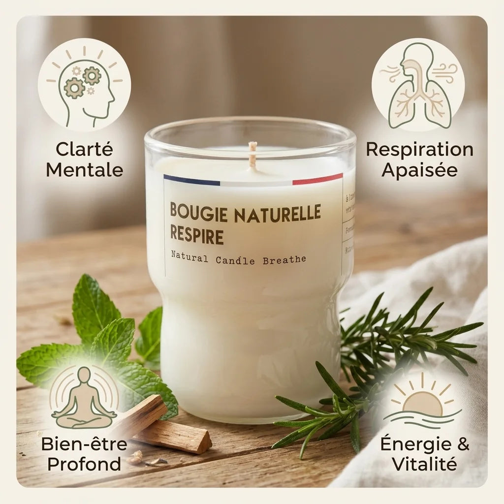 Bougie naturelle Respire 110g avec bénéfices wellness, menthe et romarin sur fond bois