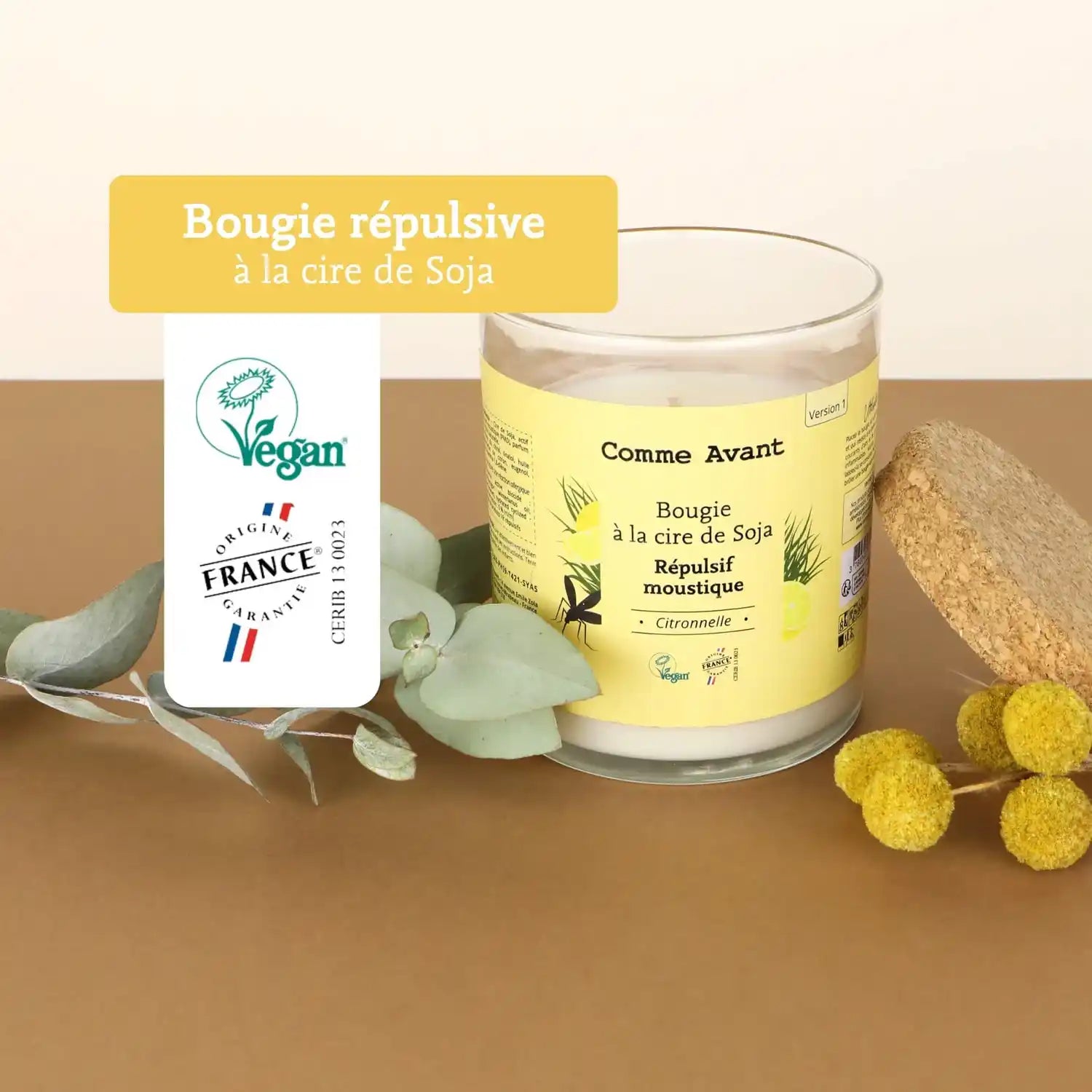 Les labels de la Bougie citronelle anti-moustique à la cire de soja Comme Avant