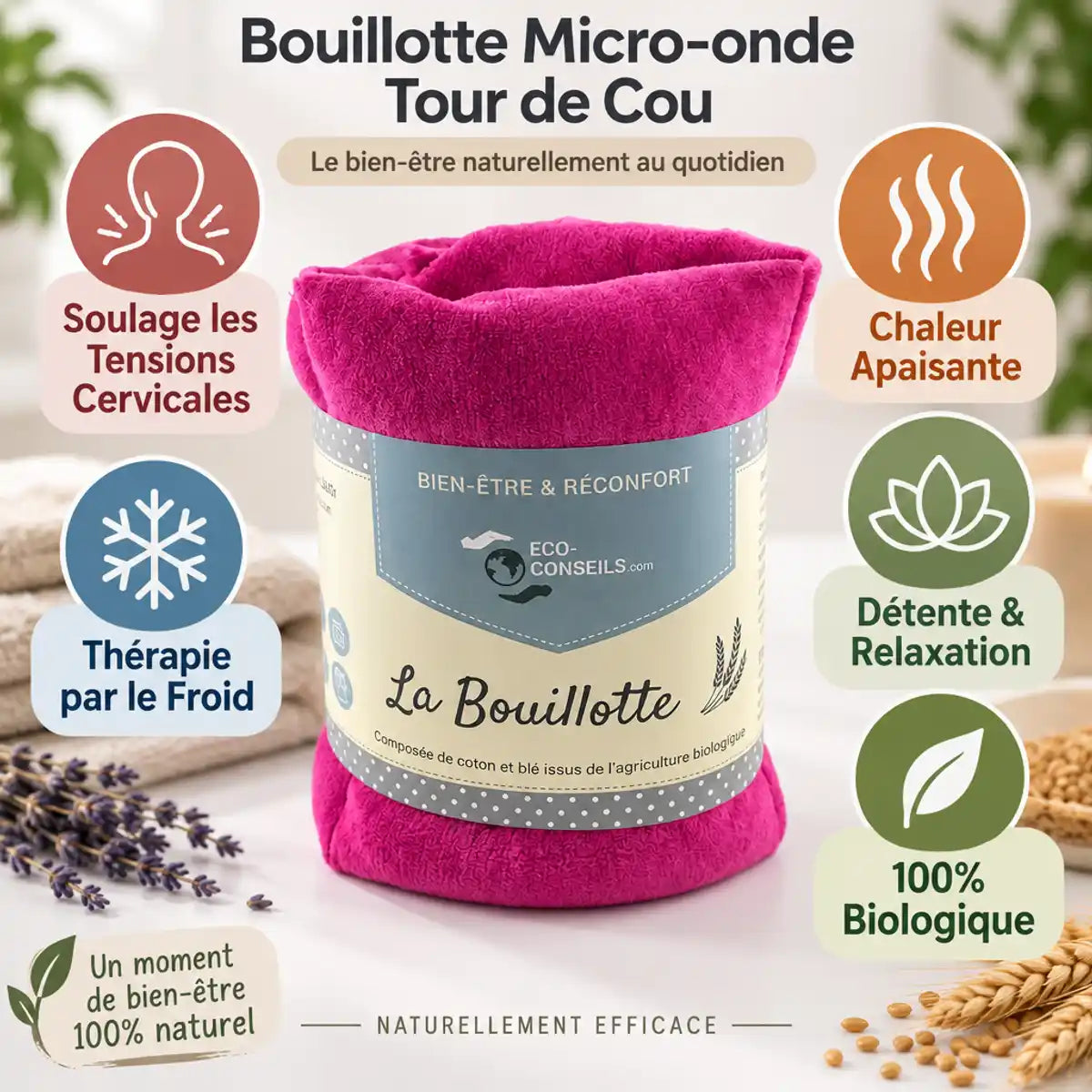 Bouillotte micro-onde tour de cou magenta avec emballage Eco-conseils et icônes bénéfices relaxation