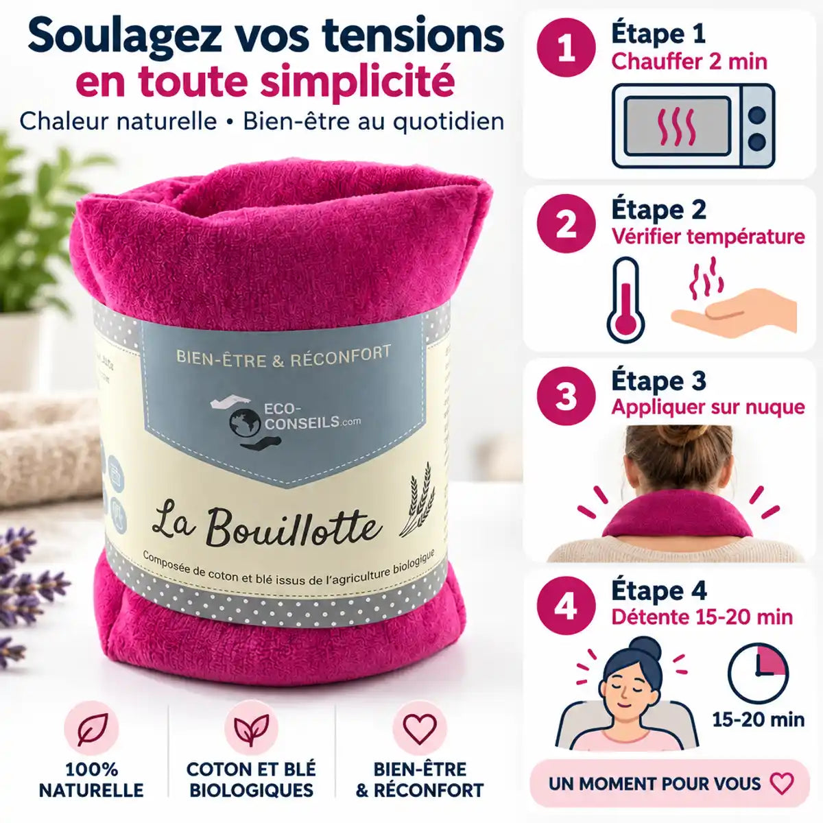 Bouillotte micro-onde tour de cou rose Eco-conseils avec guide d'utilisation en 4 étapes