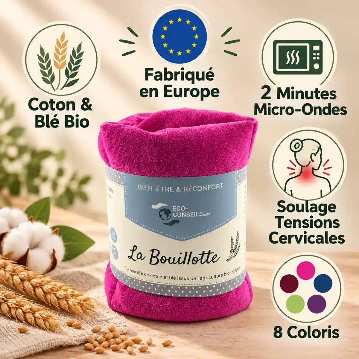 Bouillotte micro-onde tour de cou rose Eco-Conseils avec infographies des caractéristiques principales