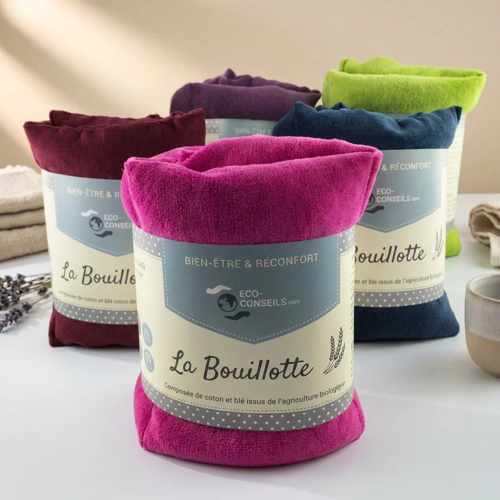 Bouillotte tour de cou micro-onde coloris magenta et variantes, coton écologique, bien-être relaxation