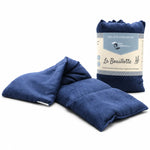 Bouillotte micro-onde tour de cou bleu marine en coton bio, déplié avec emballage et étiquette