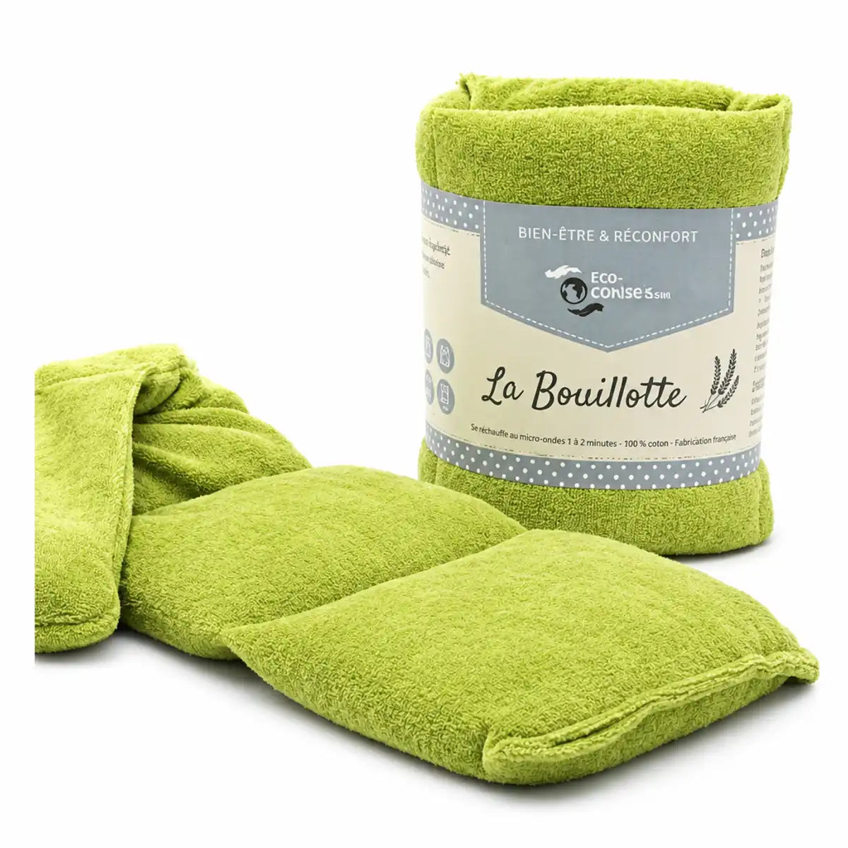 Bouillotte micro-onde tour de cou vert lime Eco-conseils avec bandeau à pois gris et emballage