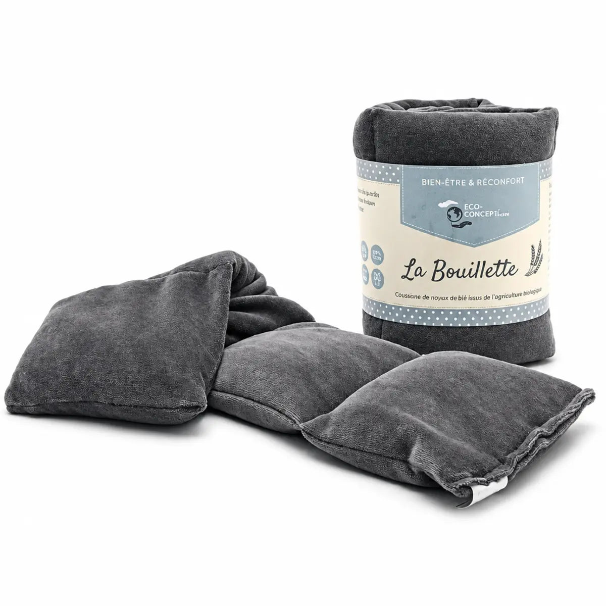 Bouillotte micro-onde tour de cou gris charbon La Bouillette avec packaging, coton bio et blé