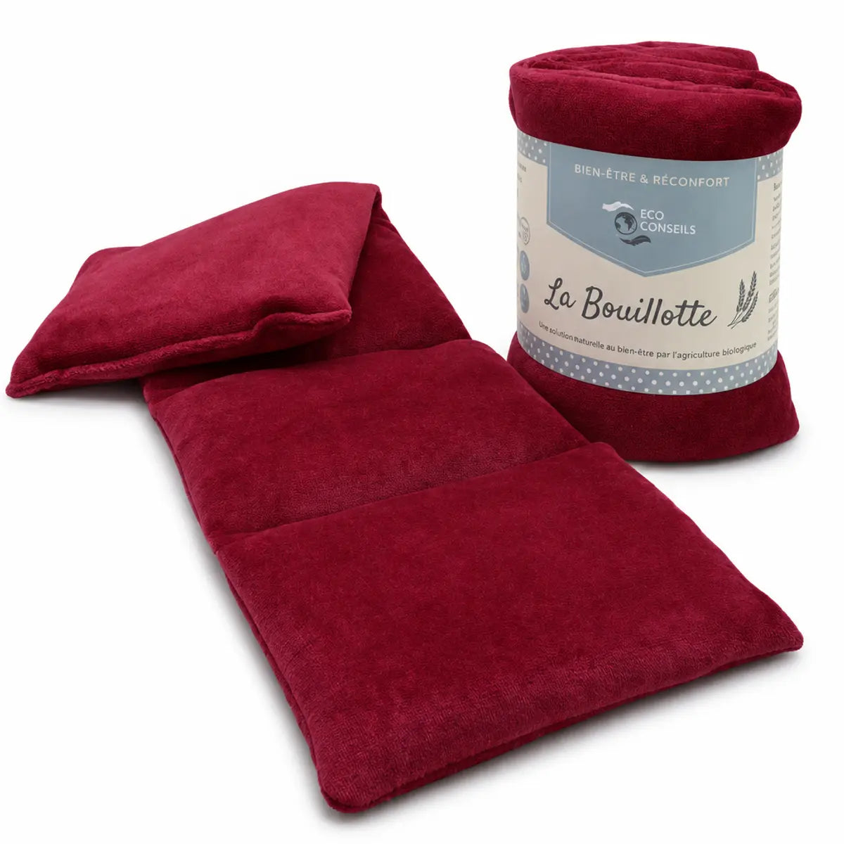 Bouillotte tour de cou micro-onde couleur bordeaux avec oreiller assorti La Bouillotte