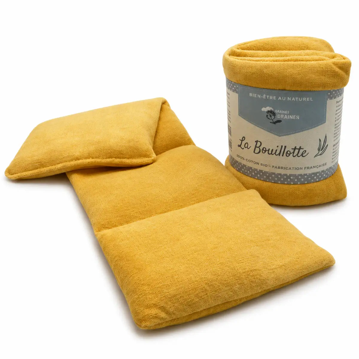 Bouillotte micro-onde tour de cou jaune moutarde en coton bio avec remplissage blé