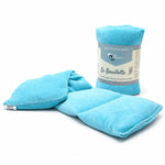 Bouillotte micro-onde tour de cou turquoise en tissu éponge, vue de face avec emballage