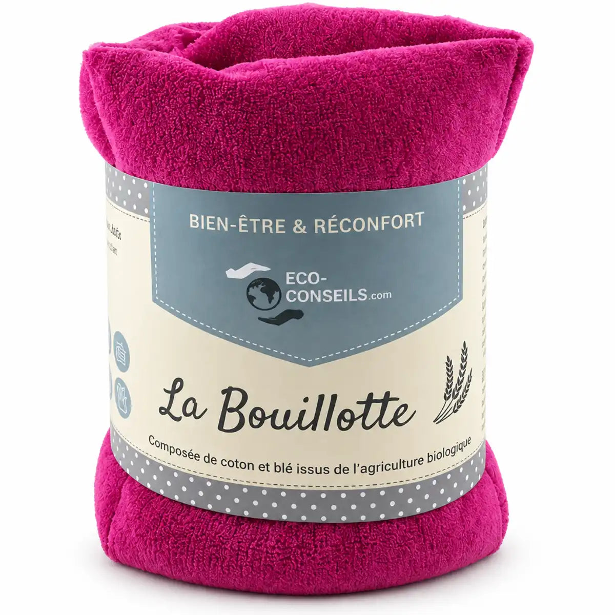 Bouillotte tour de cou magenta La Bouillotte ECO-CONSEILS avec étiquette blé