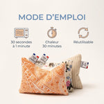 Bouillotte sèche réutilisable Made In Clémence avec mode d'emploi microonde et durée de chaleur