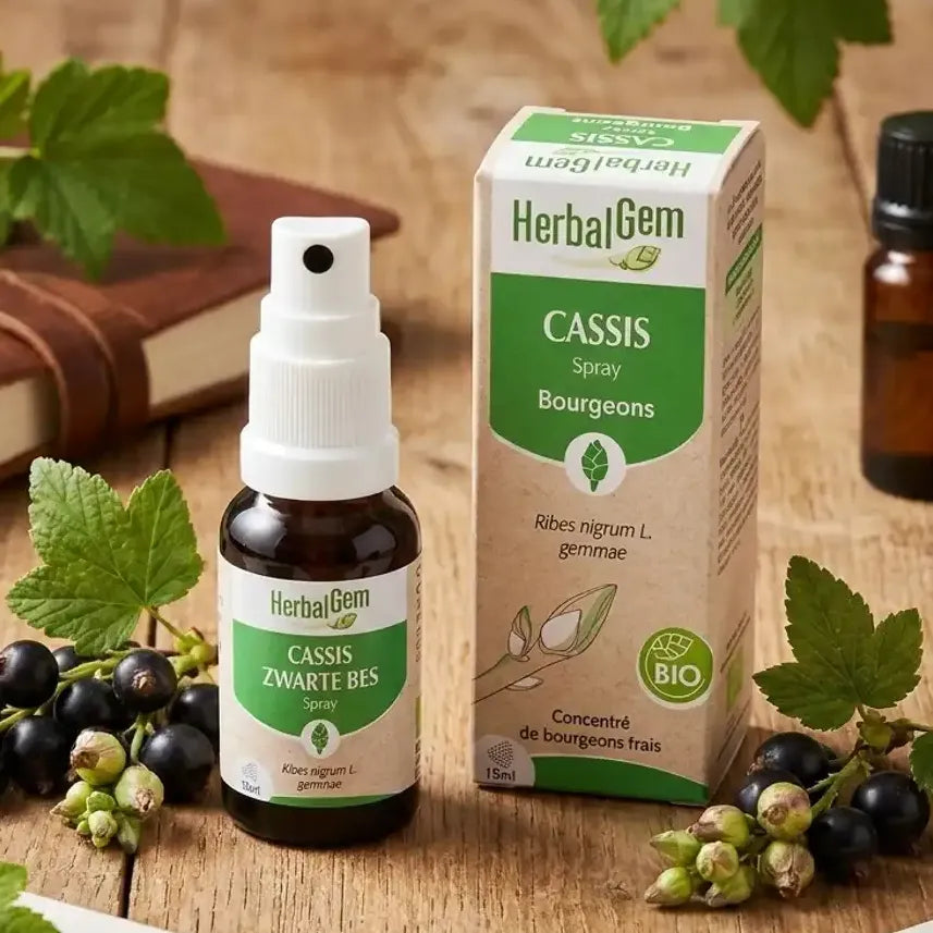 Spray Bourgeon de Cassis bio HerbalGem 15ml entouré de bourgeons frais et feuilles vertes