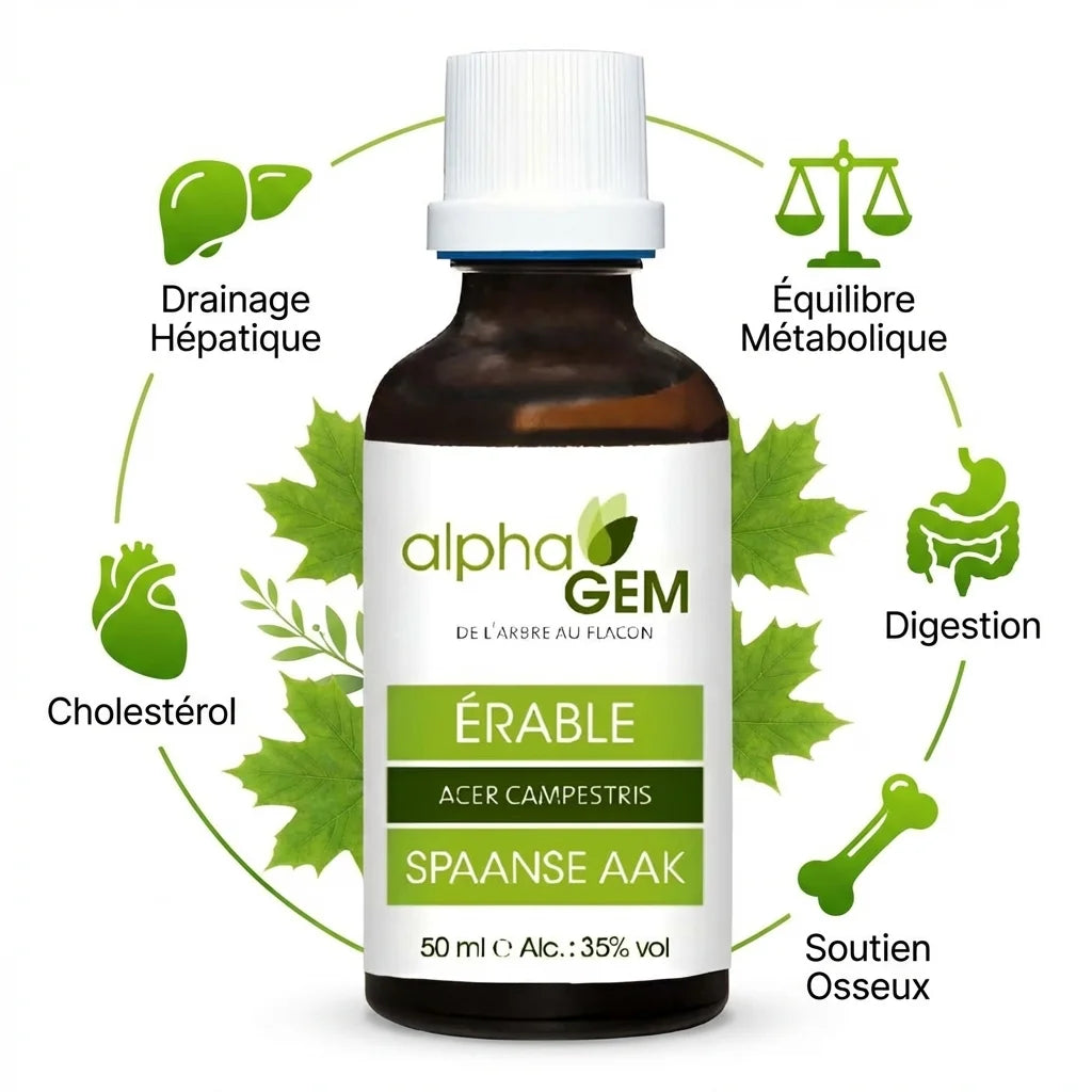 Bourgeons Érable bio 50ml Alphagem avec icônes drainage hépatique, équilibre métabolique et digestion