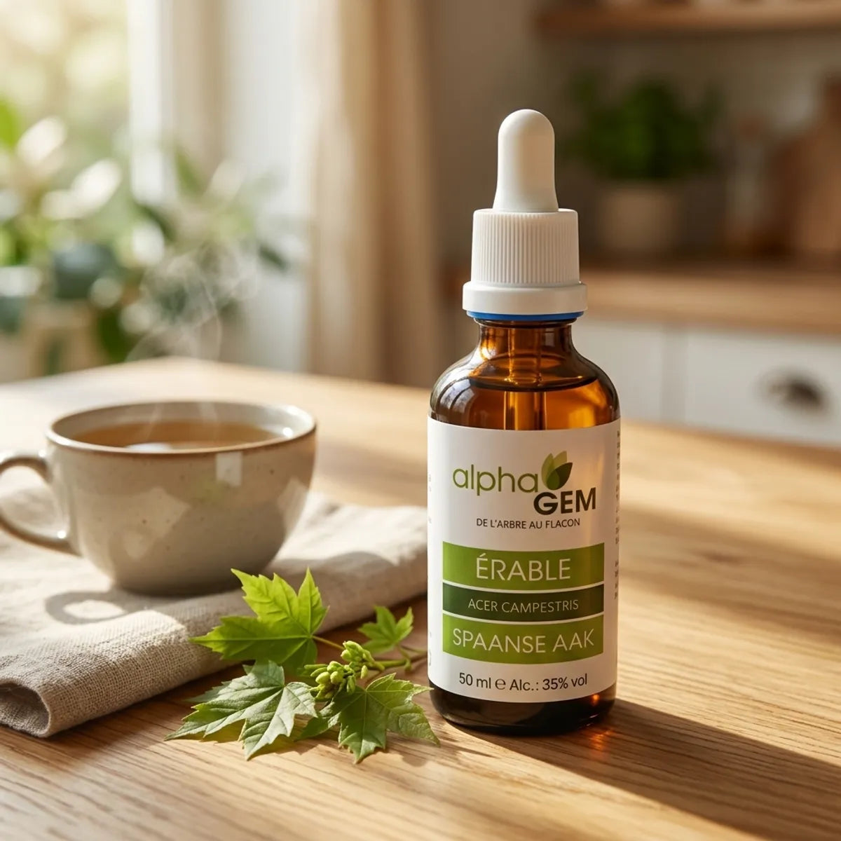 Flacon en verre ambré de bourgeons d'érable champêtre bio Alphagem 50 ml, posé près de bourgeons verts et d'une tasse de tisane

Bourgeons d'érable champêtre bio Alphagem 50 ml : flacon ambré entouré de bourgeons frais et d'une tisane