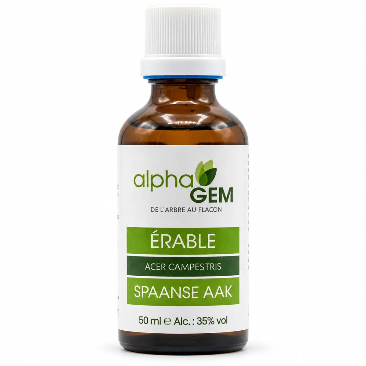 Flacon compte-gouttes ambre 50 ml de bourgeons d'érable champêtre bio Alphagem sur fond blanc