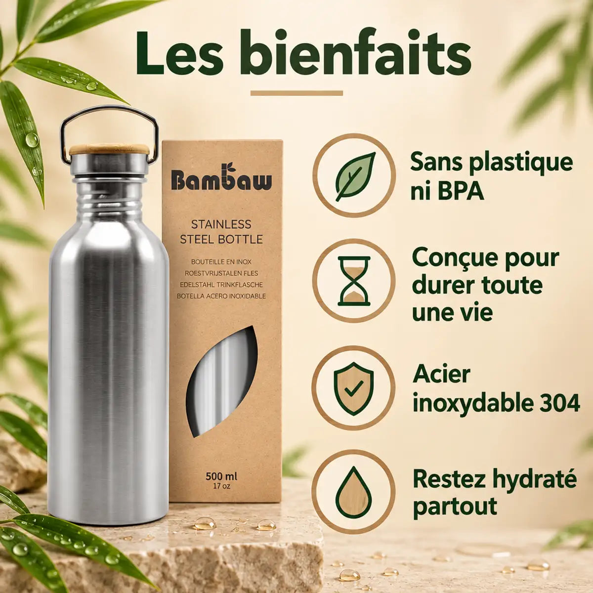 Bouteille Bambaw en acier inoxydable 500ml avec bouchon en bambou, sans plastique ni BPA, acier inoxydable 304 et sa boîte kraft