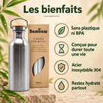 Bouteille Bambaw en acier inoxydable 500ml avec bouchon en bambou, sans plastique ni BPA, acier inoxydable 304 et sa boîte kraft