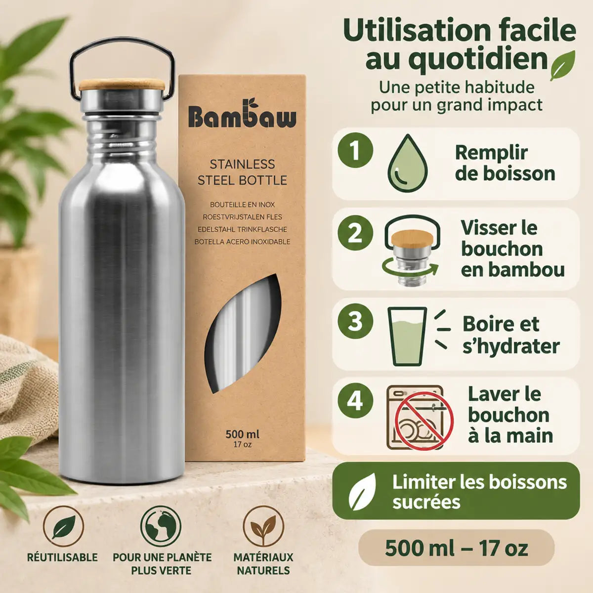 Bouteille inox 500 ml Bambaw avec bouchon en bambou, et guide en 4 étapes : remplir, visser, boire, laver à la main