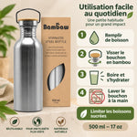 Bouteille inox 500 ml Bambaw avec bouchon en bambou, et guide en 4 étapes : remplir, visser, boire, laver à la main