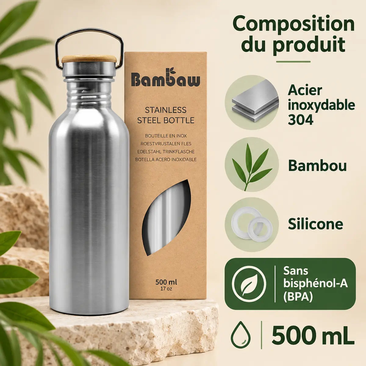Bouteille en acier inoxydable Bambaw 500 ml avec bouchon en bambou, et infographie sur sa composition : acier 304, bambou, silicone, sans BPA