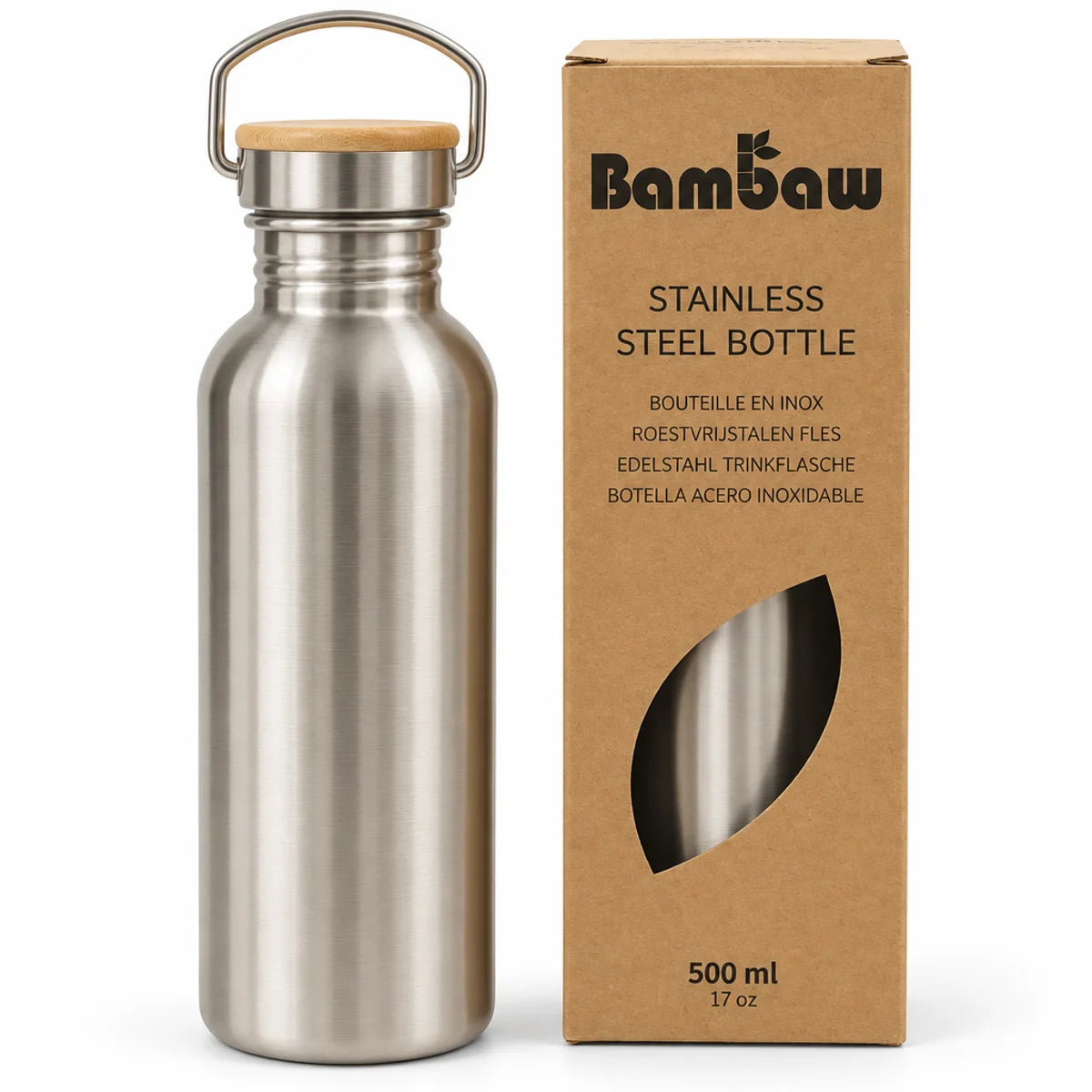 Bouteille en acier inoxydable 500 ml Bambaw avec bouchon en bambou et anse métallique, à côté de son emballage en carton kraft