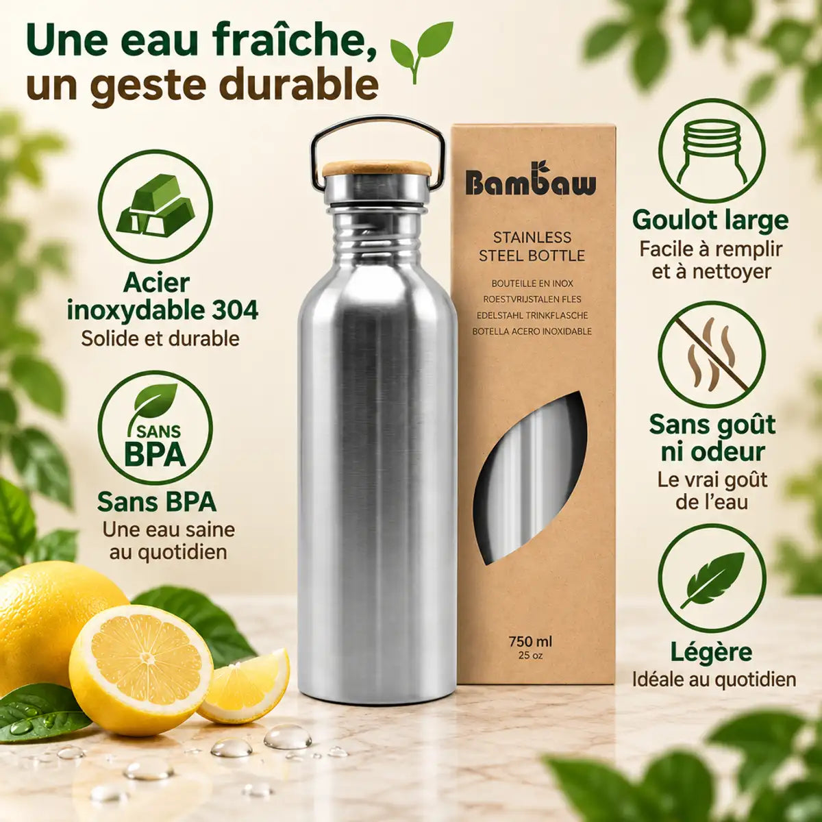 Bouteille Bambaw en acier inoxydable 750 mL avec bouchon en bambou, fond crème, feuilles vertes et citron, icônes sur l'acier 304 et sans BPA
