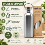 Bouteille Bambaw en acier inoxydable 750 mL avec bouchon en bambou, accompagnée d'un mode d'emploi pour le nettoyage