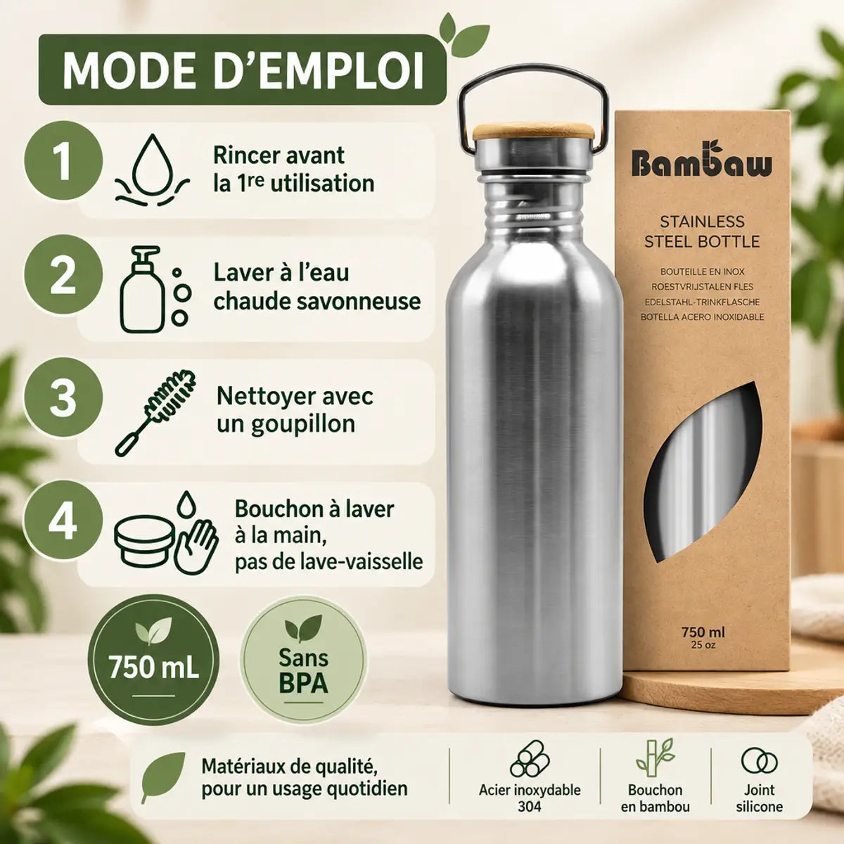 Bouteille Bambaw en acier inoxydable 750 mL avec bouchon en bambou, accompagnée d'un mode d'emploi pour le nettoyage