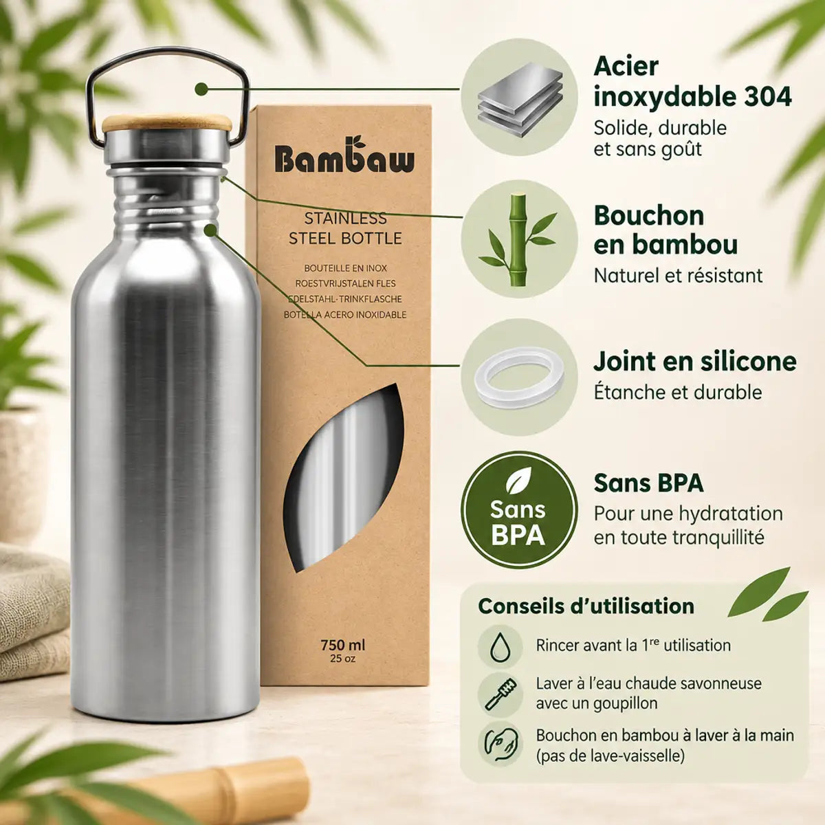Bouteille en acier inoxydable 750 mL Bambaw avec bouchon en bambou, joint en silicone et infographie des caractéristiques
