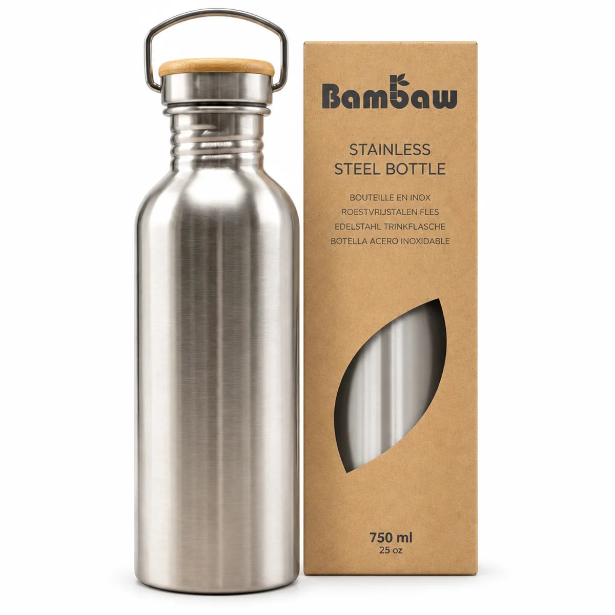 Bouteille en acier inoxydable 750 mL Bambaw, bouchon en bambou naturel et boîte kraft, sur fond blanc