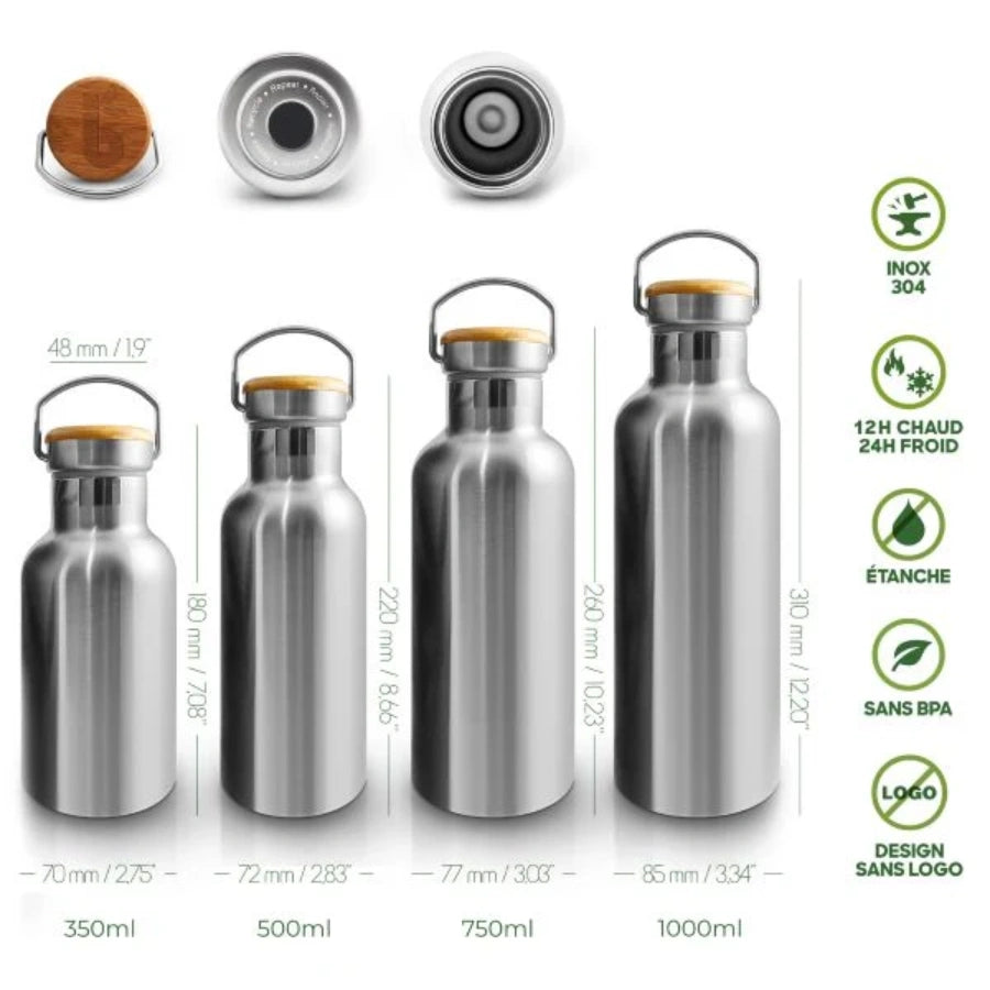 Taille et contenance des différentes bouteilles isothermes en acier inoxydable de la marque Bambaw