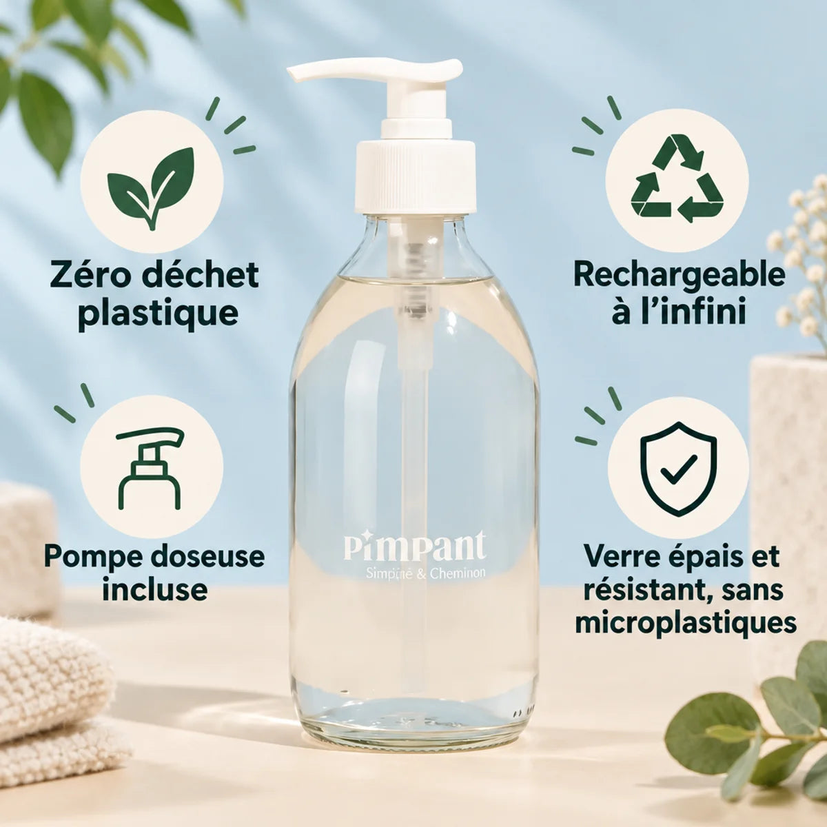 Bouteille en verre rechargeable Pimpant 250 mL avec pompe doseuse blanche, fond beige et bleu clair, zéro déchet plastique