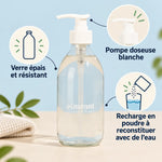 Bouteille en verre rechargeable Pimpant 250 mL avec pompe blanche, fond beige et schémas explicatifs sur le verre, la pompe et la recharge