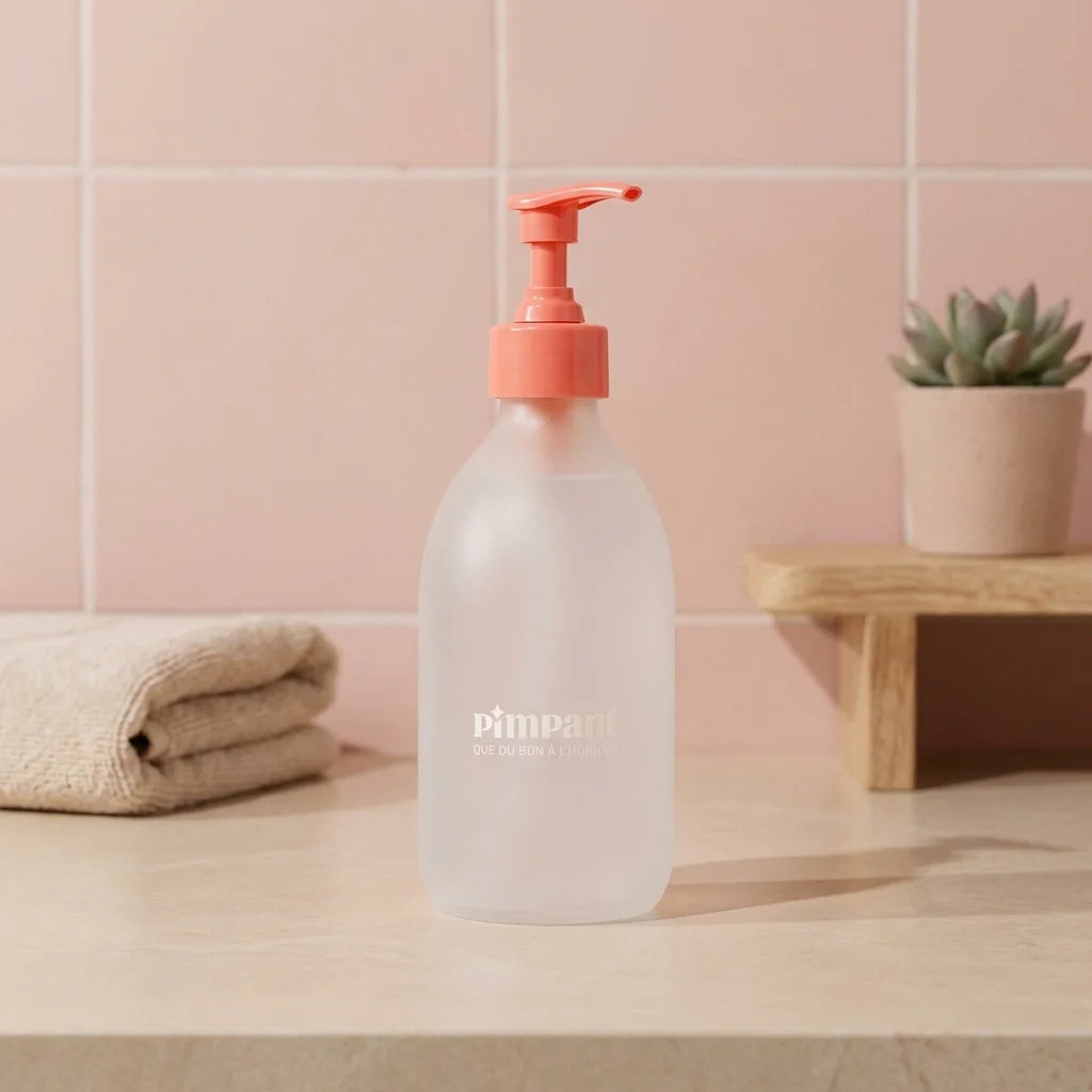Bouteille verre rechargeable gel lavant enfant Pimpant 250ml pompe corail