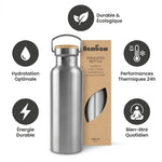 Bouteille isotherme Bambaw acier inoxydable 1L avec icônes des avantages hydratation et performances thermiques 24h