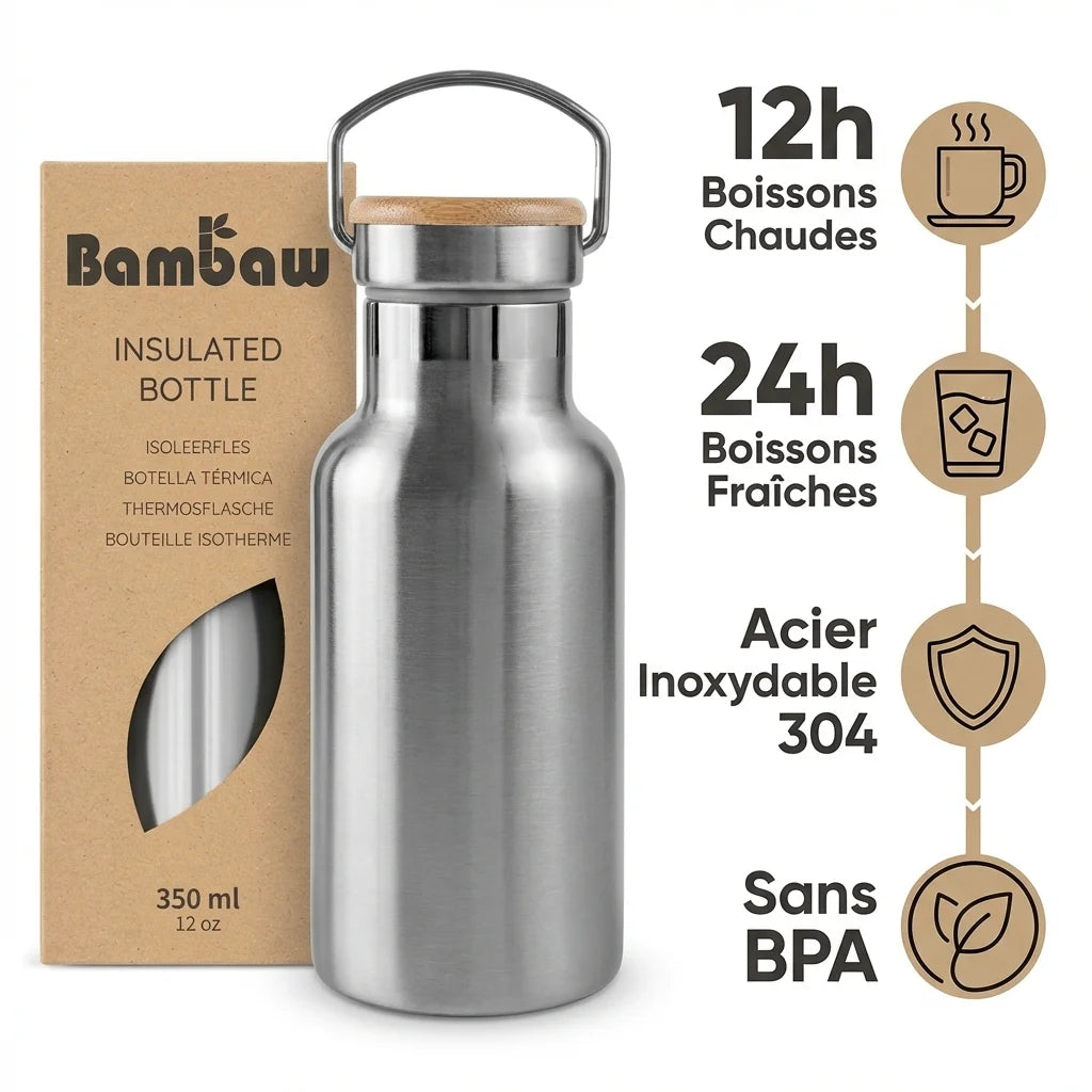 Bouteille isotherme Bambaw 350ml acier inoxydable avec couvercle bambou, 12h chaud 24h froid