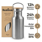 Bouteille isotherme Bambaw 350ml acier inoxydable avec couvercle bambou, 12h chaud 24h froid