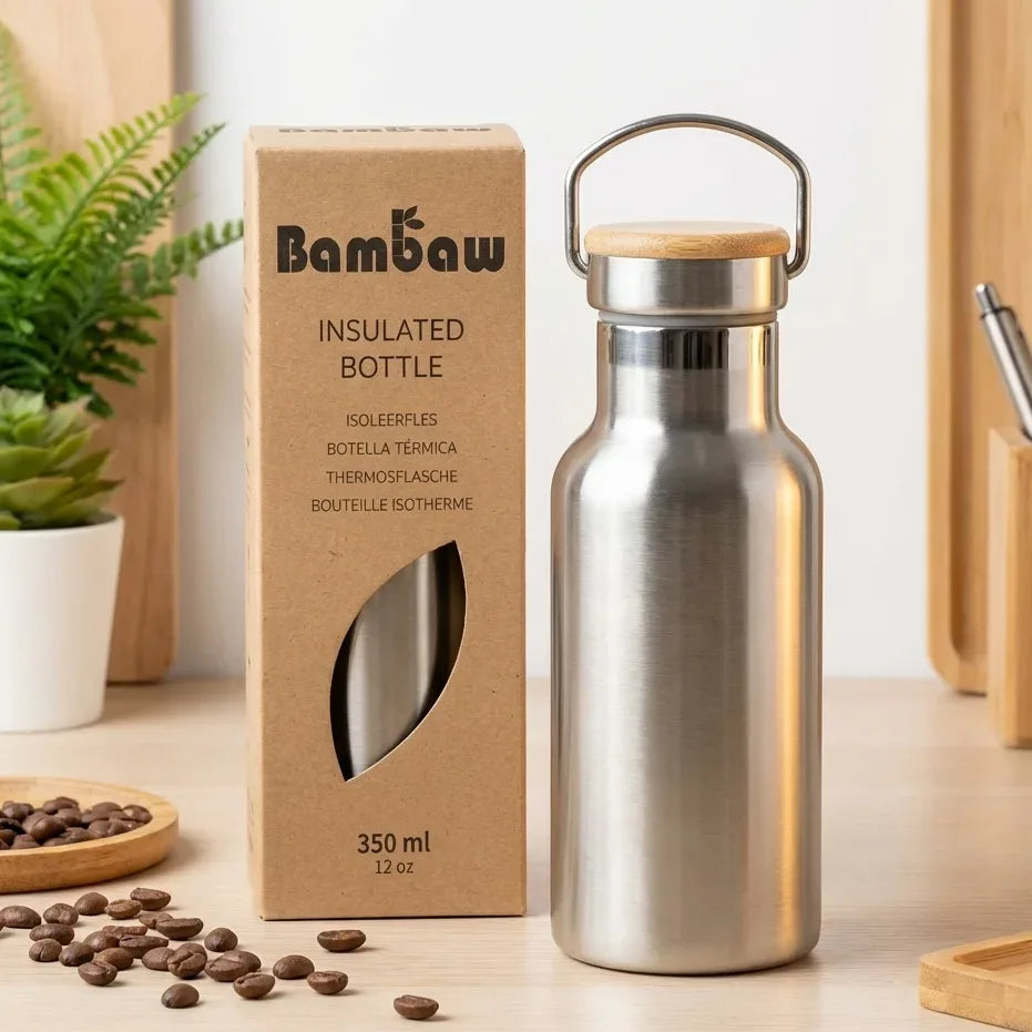 Bouteille isotherme acier inoxydable 350ml Bambaw avec accessoires éco-responsables