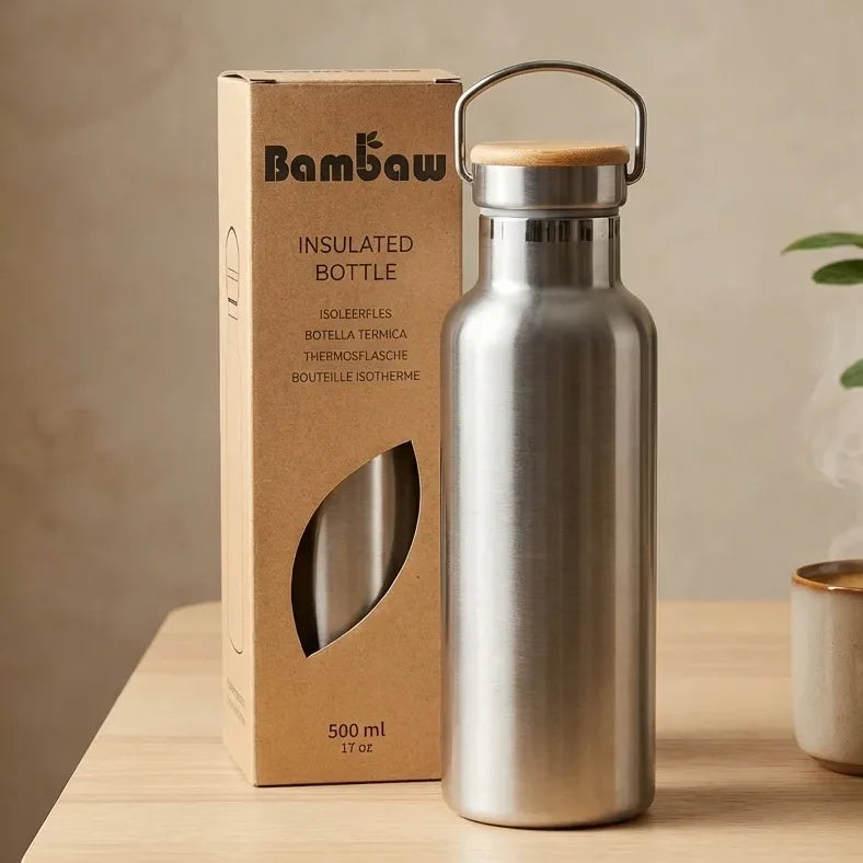 Bouteille isotherme acier inoxydable 500mL Bambaw sur bureau avec café et plante