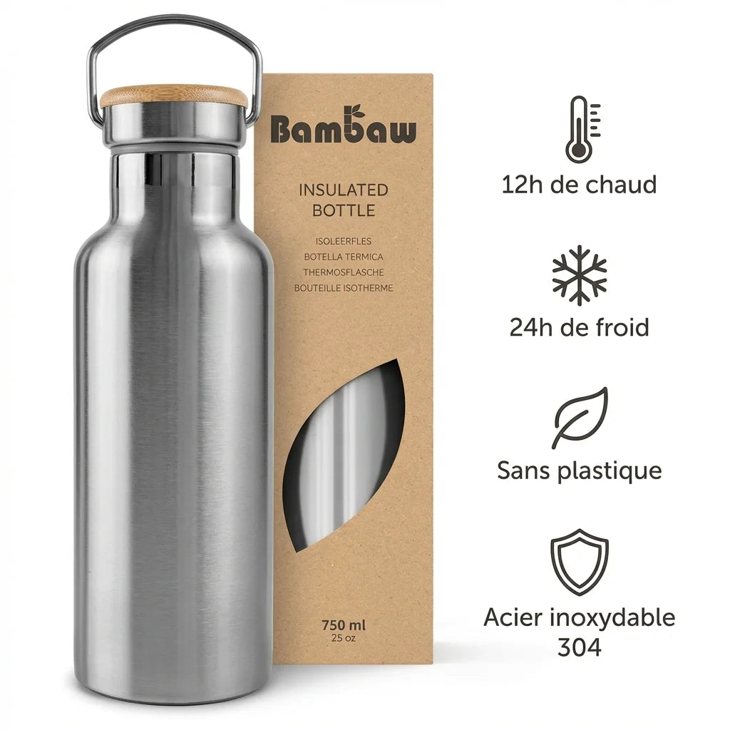 Bouteille isotherme acier inoxydable 750ml Bambaw - 12h chaud, 24h froid