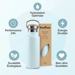 Bouteille isotherme Bambaw bleu nordique 750ml avec infographie avantages écologiques