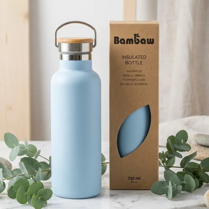 Bouteille isotherme bleu nordique 750ml Bambaw en acier inoxydable avec poignée bambou