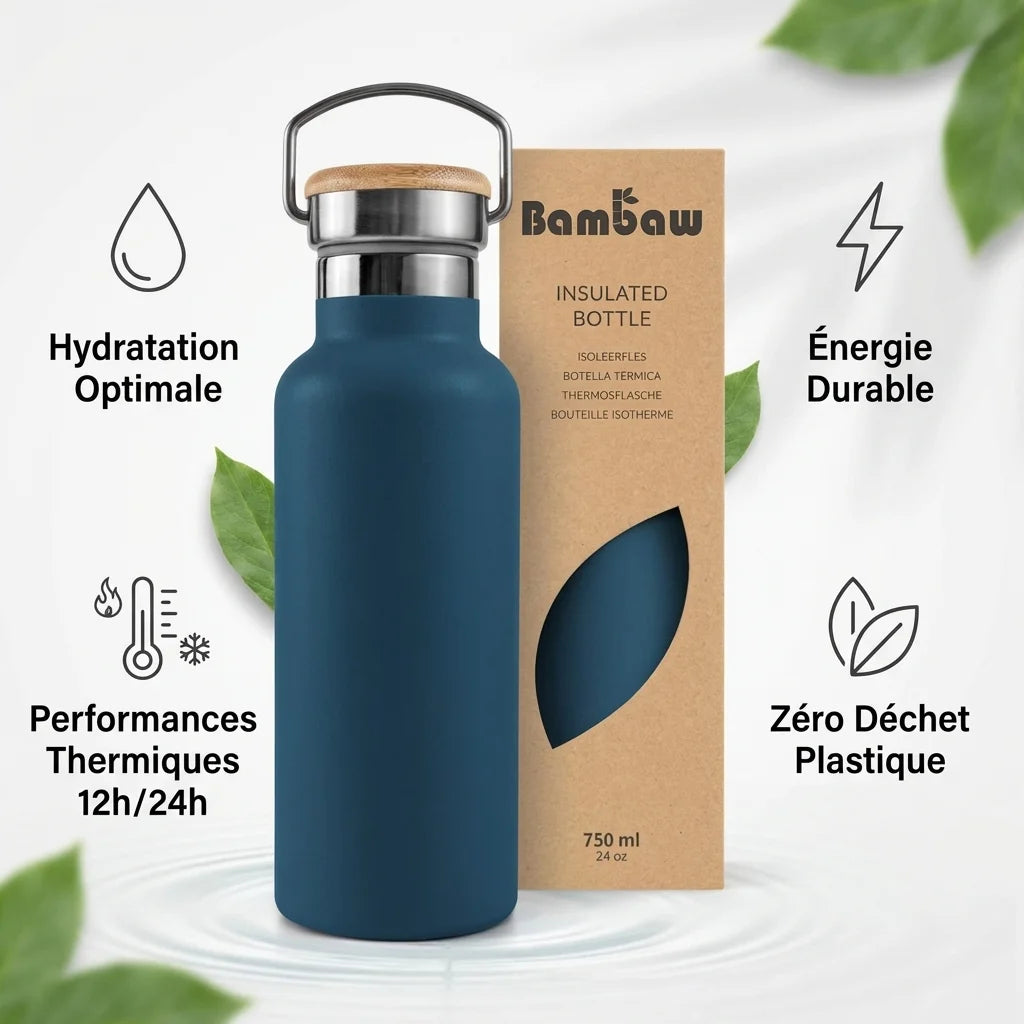 Bouteille isotherme Bambaw bleu saphir 750ml acier inoxydable avec bénéfices hydratation et performances thermiques