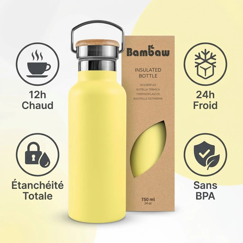 Bouteille isotherme jaune Bambaw 750ml acier inoxydable avec bénéfices: 12h chaud, 24h froid, étanchéité totale, sans BPA
