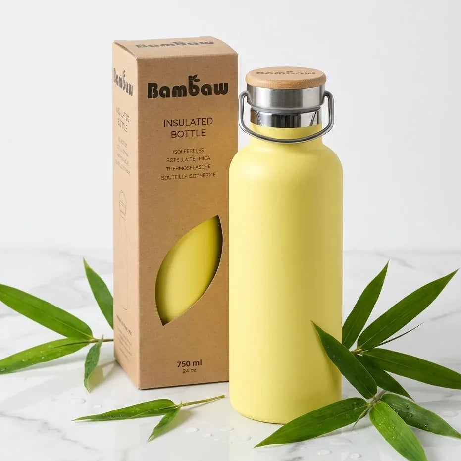 Bouteille isotherme Bambaw jaune 750ml acier inoxydable avec bouchon bambou